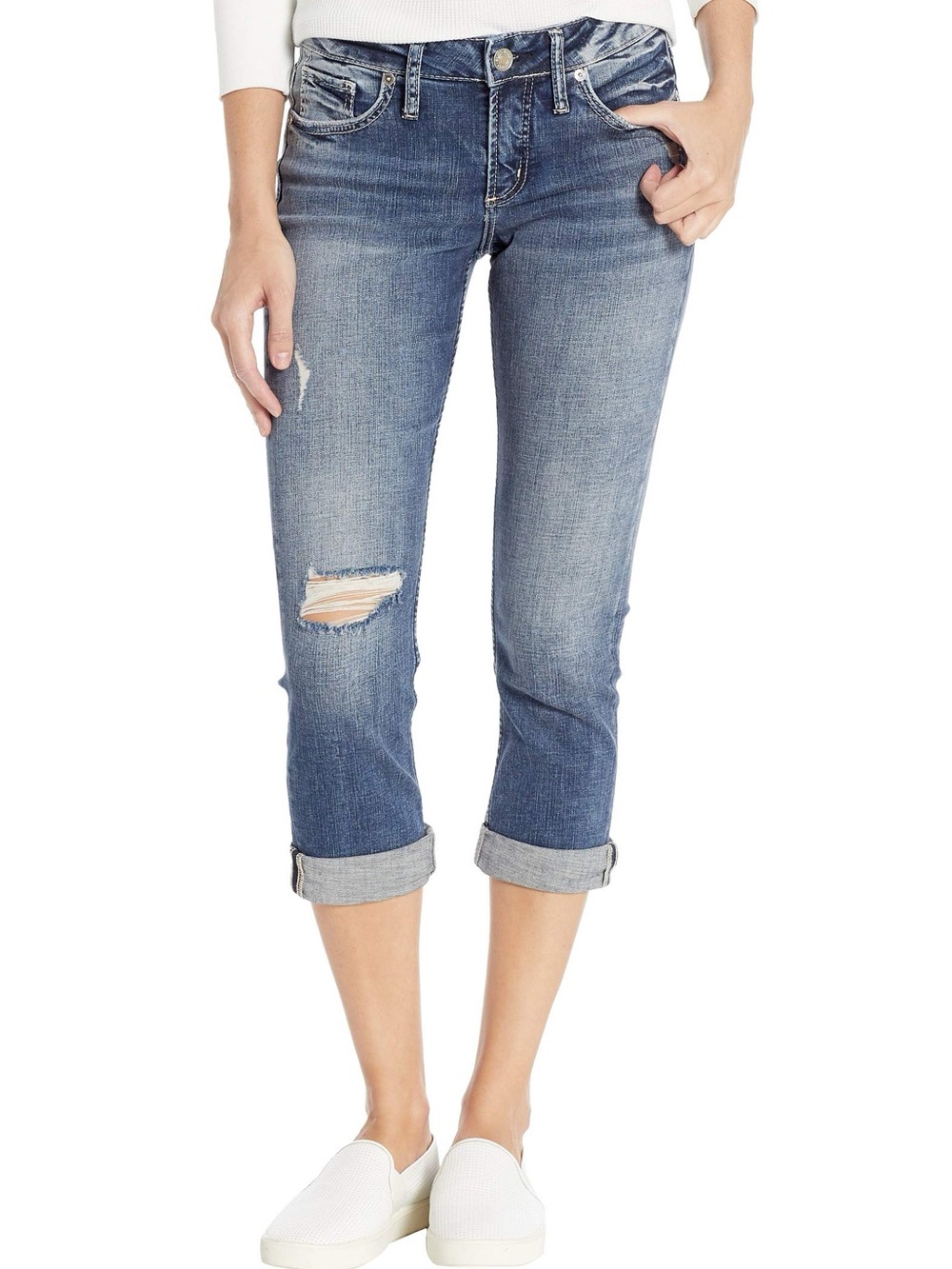 Silver Jeans Elyse Capri Jeans W27 Indigo Distressed Cuffed